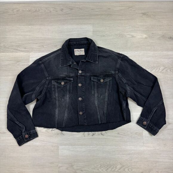 Free People Amelia Cropped Denim Jean Trucker Jacket Womens XS Black Slouchy - Picture 1 of 5